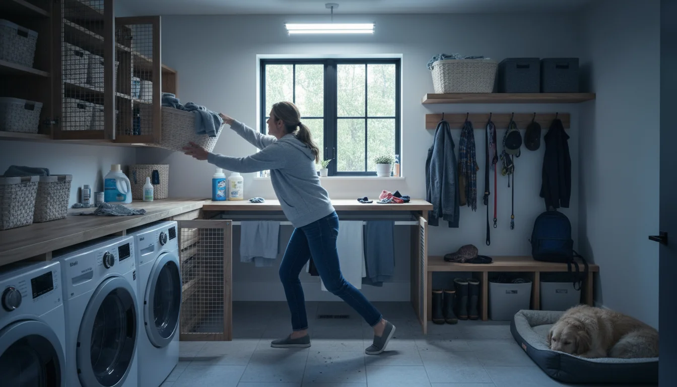 Woman reaching for a laundry basket in a dim laundry room lit by a slow-to-brighten, cool-toned CFL bulb.