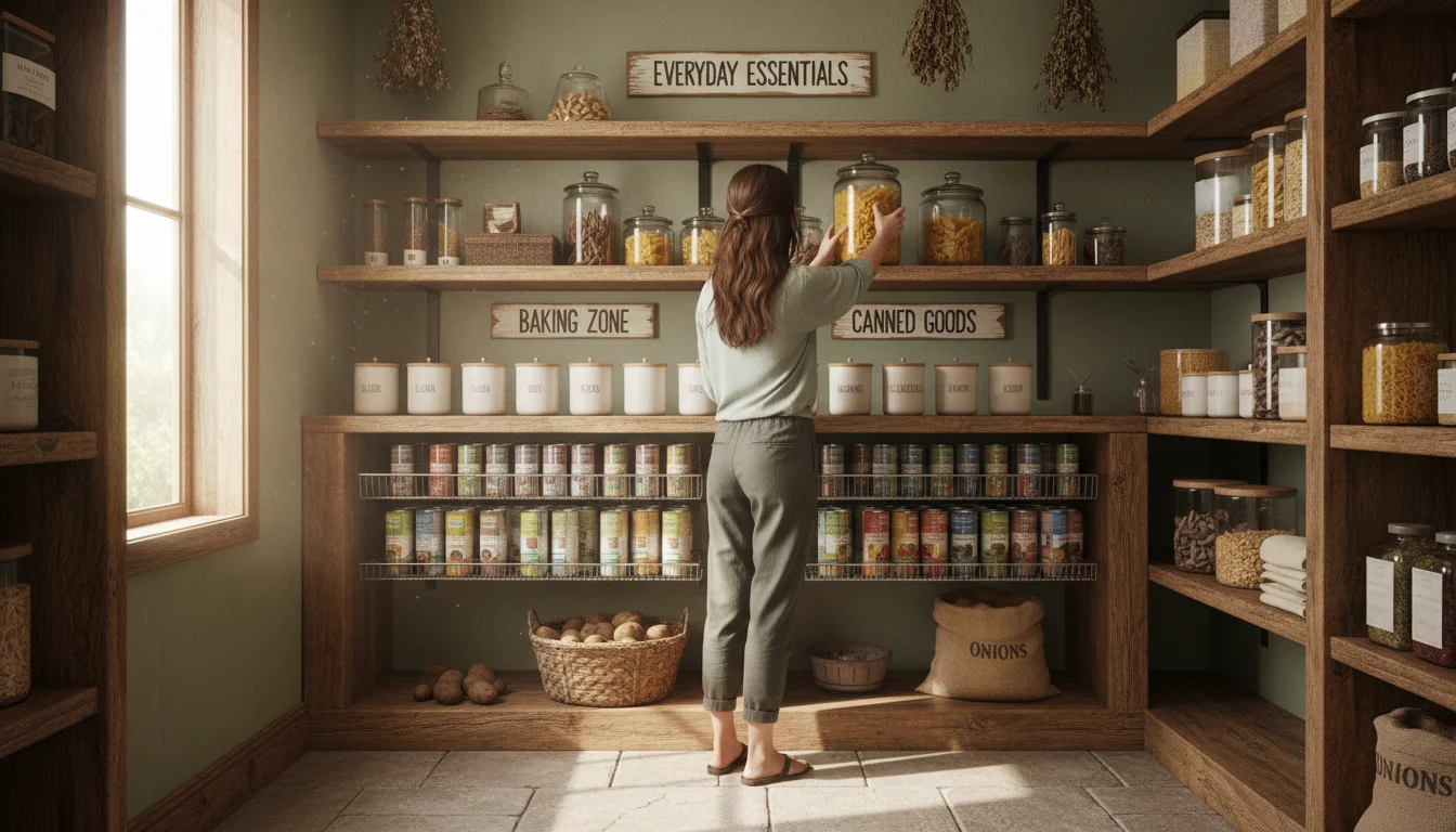Woman reaching for pasta in a brightly lit, organized walk-in pantry, showing distinct zones for essentials, baking, cans, and bulk items.