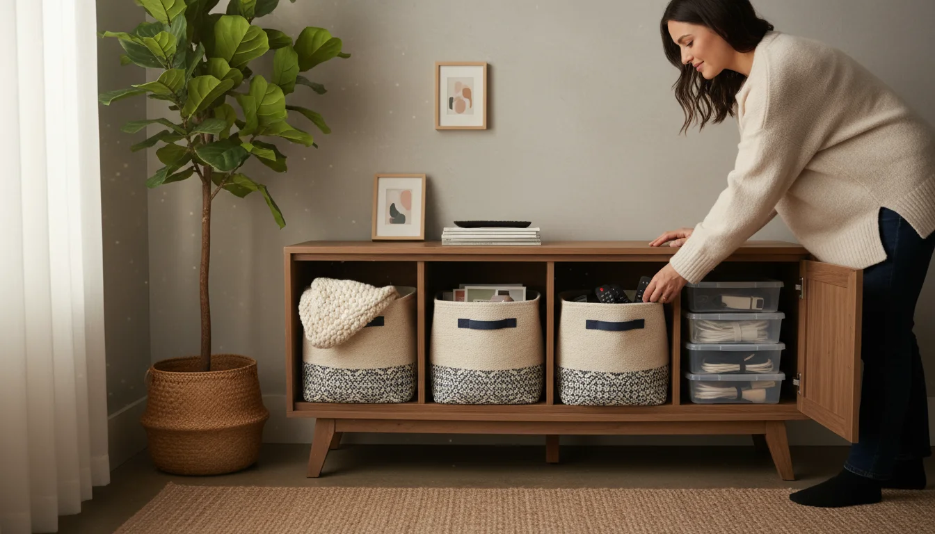 A woman reaching for a remote from a fabric bin on a media console. Fabric bins hold blankets, magazines; a slightly open cabinet reveals clear bins w