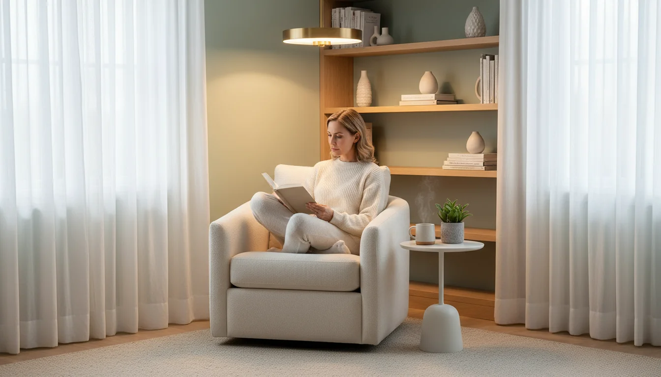 Woman reading in a cream armchair, illuminated by a warm-glowing modern ceiling light. Soft morning light filters in, creating a cozy room.