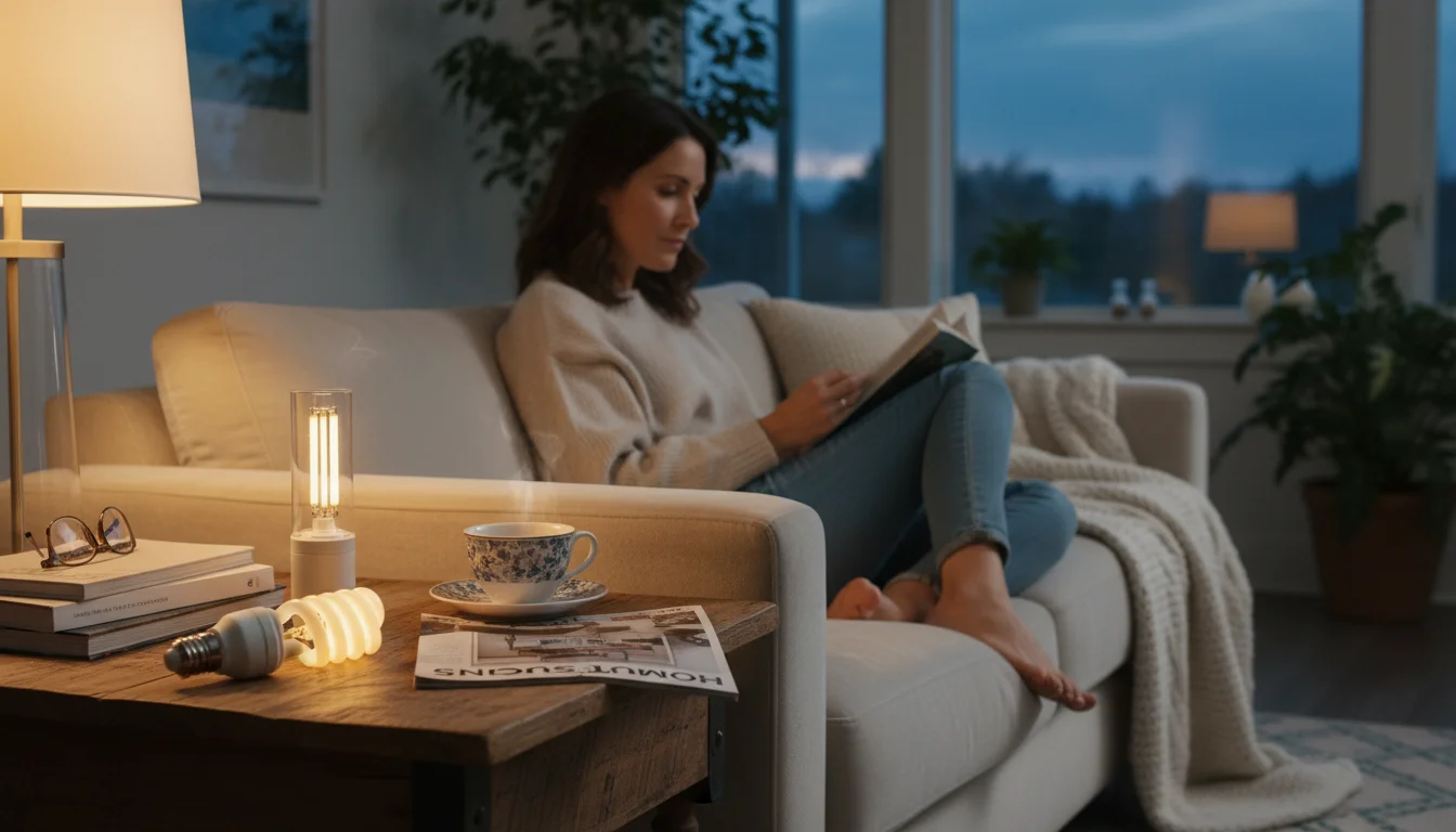 Woman reading on a sofa in a cozy living room, a CFL and LED bulb sit on a side table nearby.