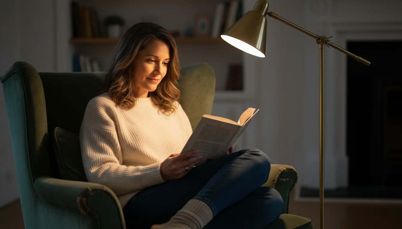 Woman reads a book in an armchair, illuminated by a modern floor lamp. The light is focused on the book pages.