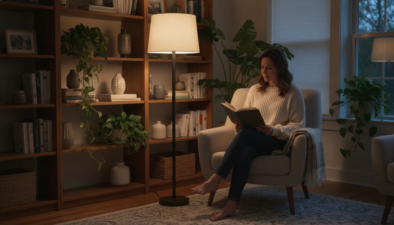 A woman reads in a cozy armchair under a warm, diffused light from a floor lamp with a fabric drum shade, eliminating glare.