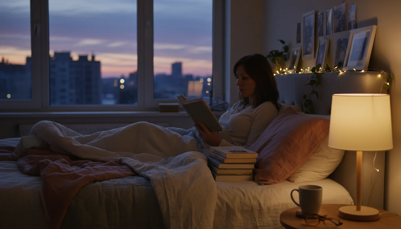 A woman reads in a cozy bedroom at dusk, illuminated by a warm bedside lamp and subtle fairy lights on the headboard.