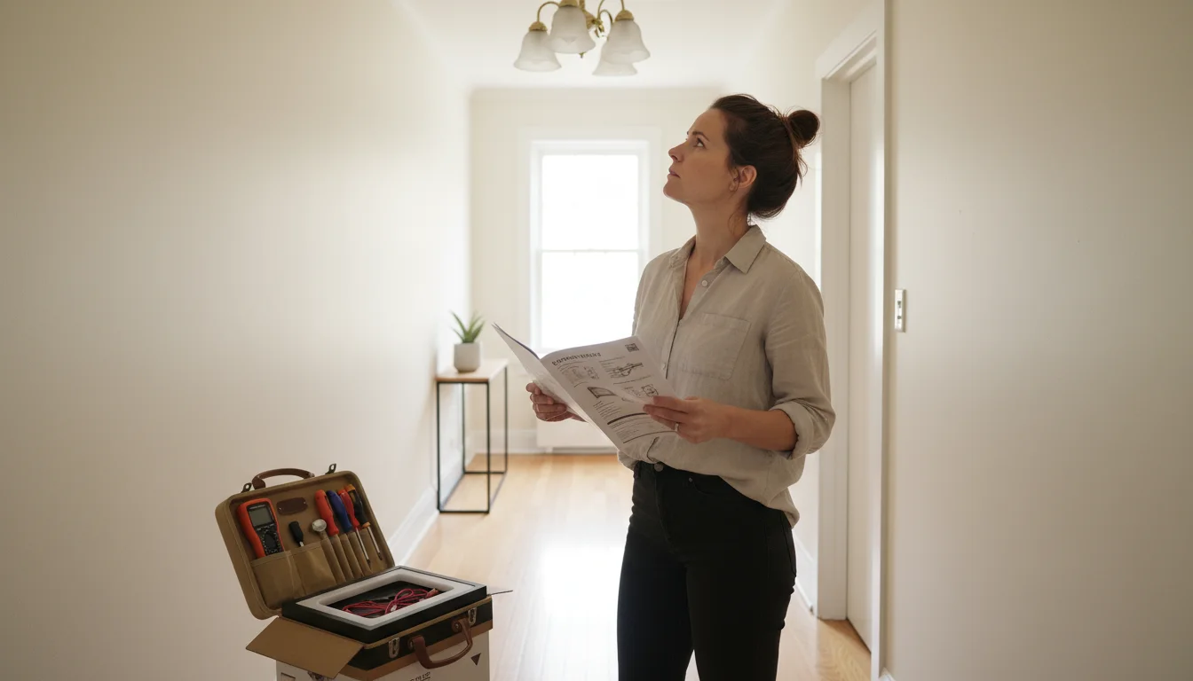 A woman reads instructions while looking up at a ceiling light, with new fixture and tools on a stool.