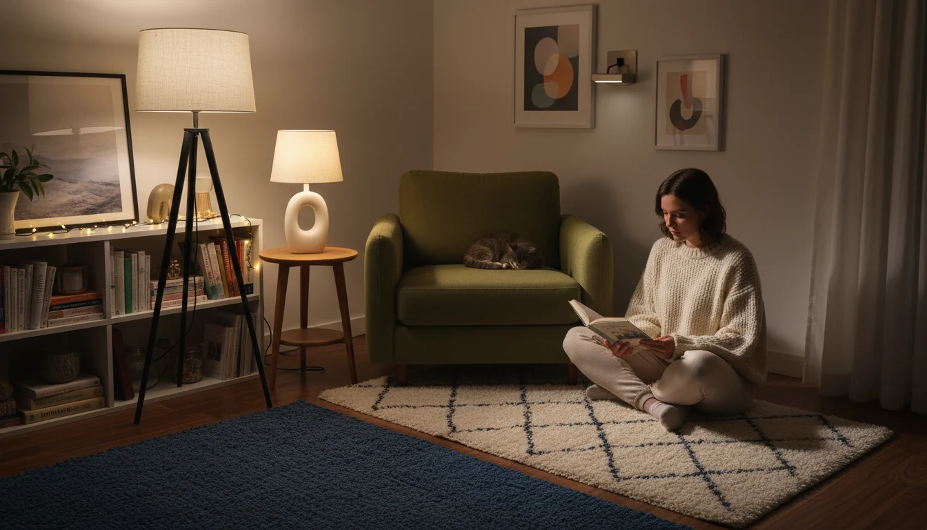 A woman reads a magazine on the floor of a cozy living room, surrounded by a lit table lamp and a floor lamp.