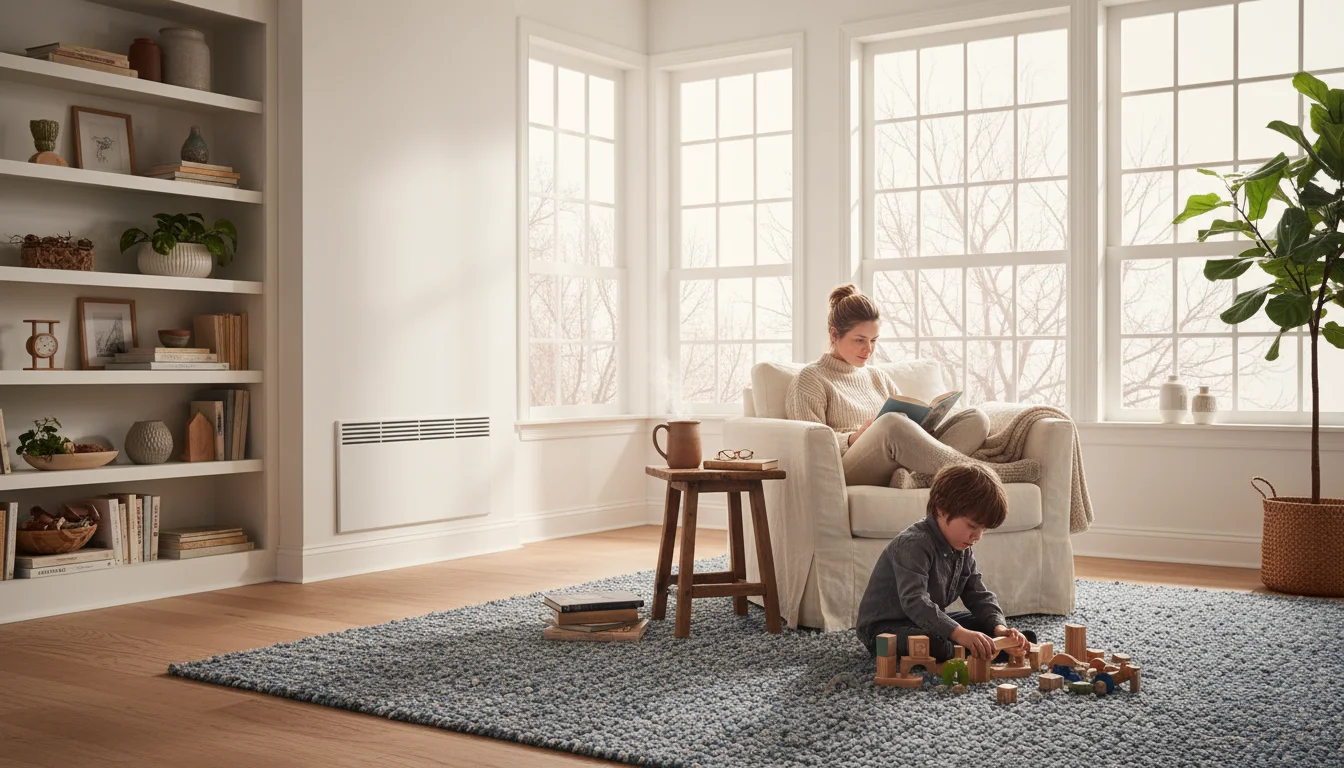 A woman reads in a warm living room with her child playing, while outside a window, bare trees indicate a cool day.