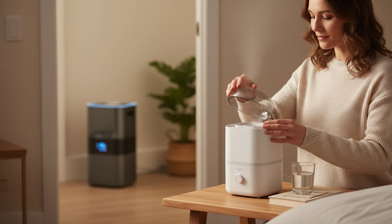 A woman refilling a small portable humidifier on a bedside table, with a larger console humidifier visible in the background.