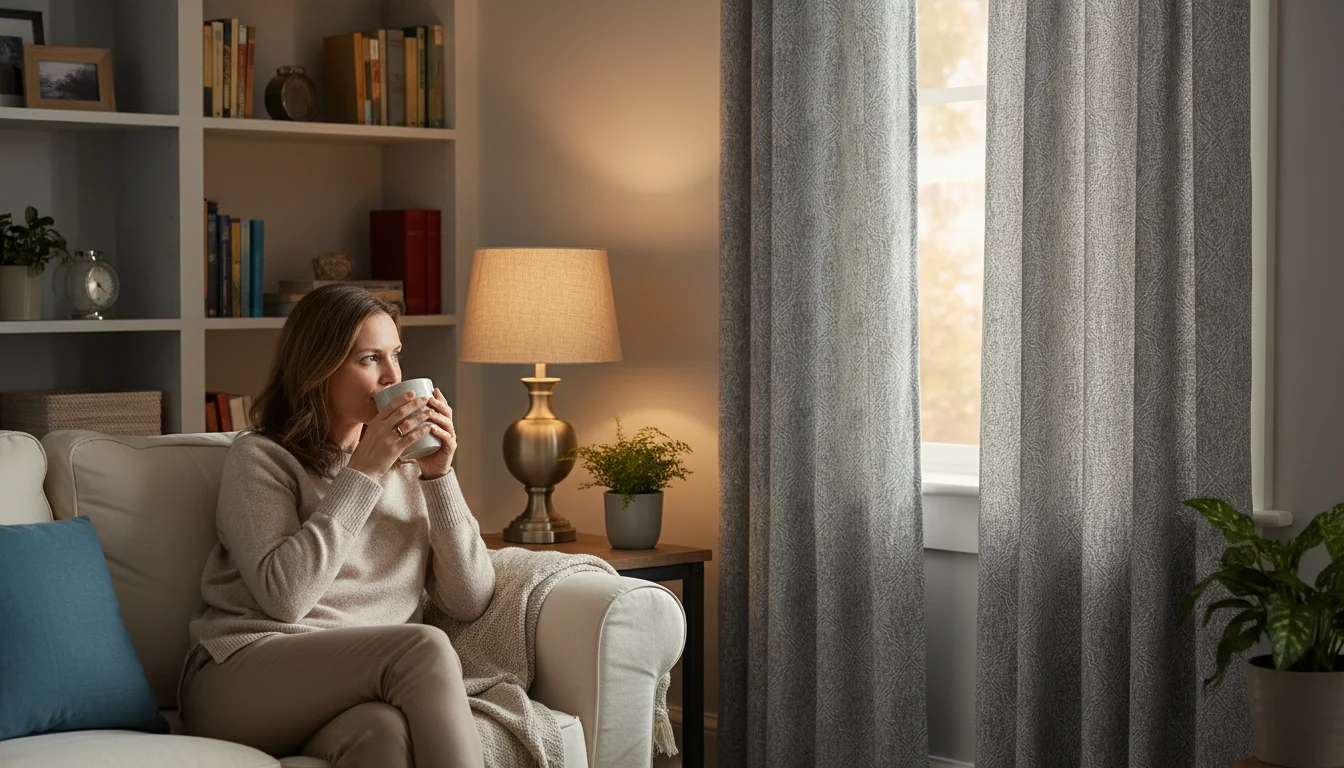 A woman relaxes on a cozy sofa in her living room, looking towards a window with a drawn insulating curtain, lit by soft afternoon light.