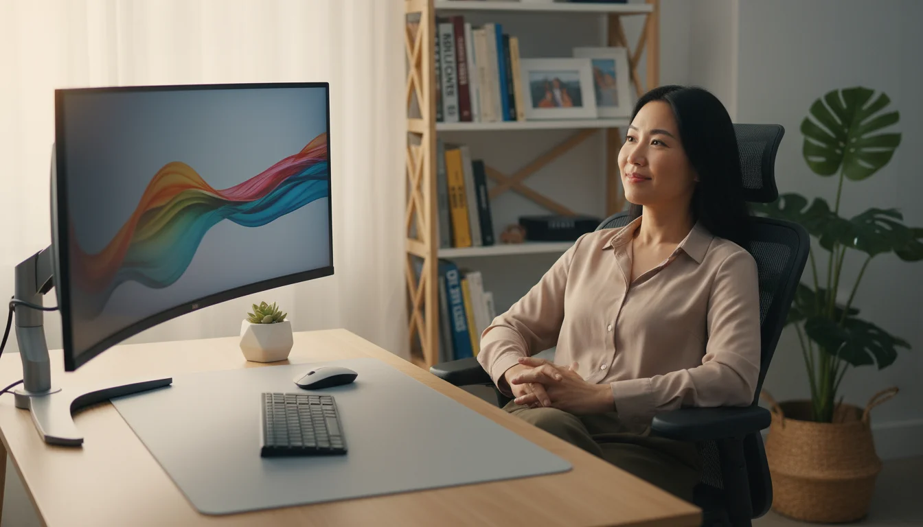 Woman (30s) relaxes in her ergonomic home office, looking contentedly at natural light, surrounded by a tidy desk setup.
