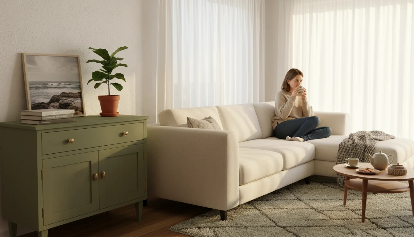 A woman relaxes on a modern sofa in a sunlit living room, next to a refinished sage green vintage cabinet styled with books and a plant.