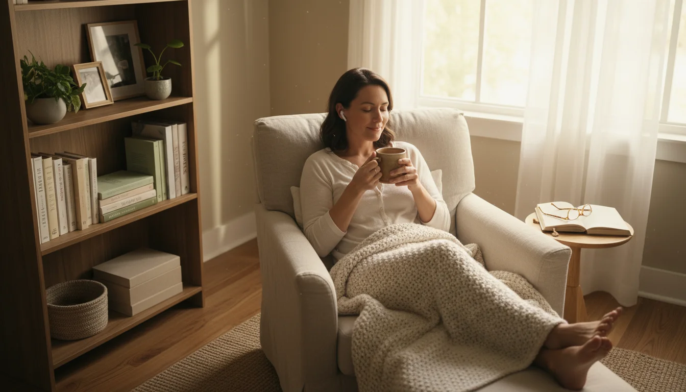 Woman relaxing on an armchair with a mug and earbuds in a cozy, clean bedroom bathed in morning light.