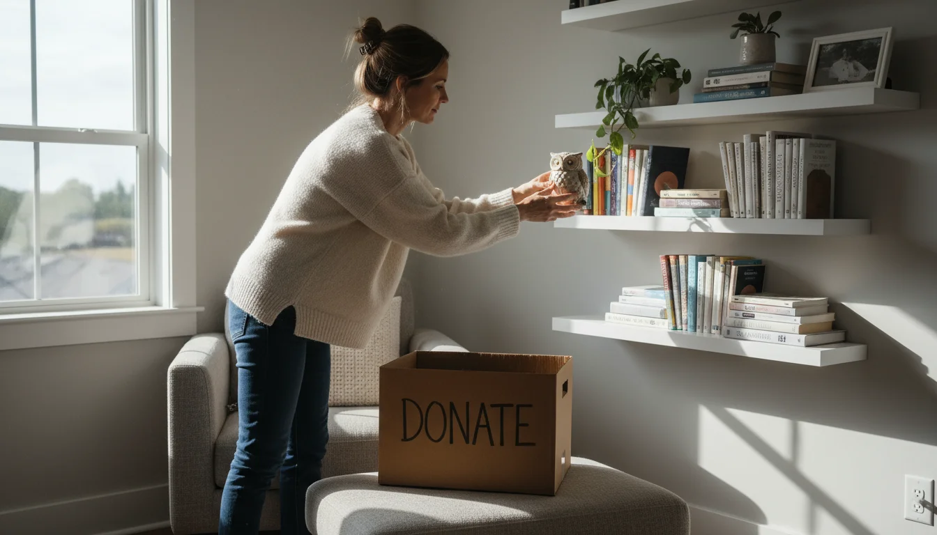 Woman removes a dusty decorative item from a wall-mounted shelf, near a donation box in a sunlit living room.