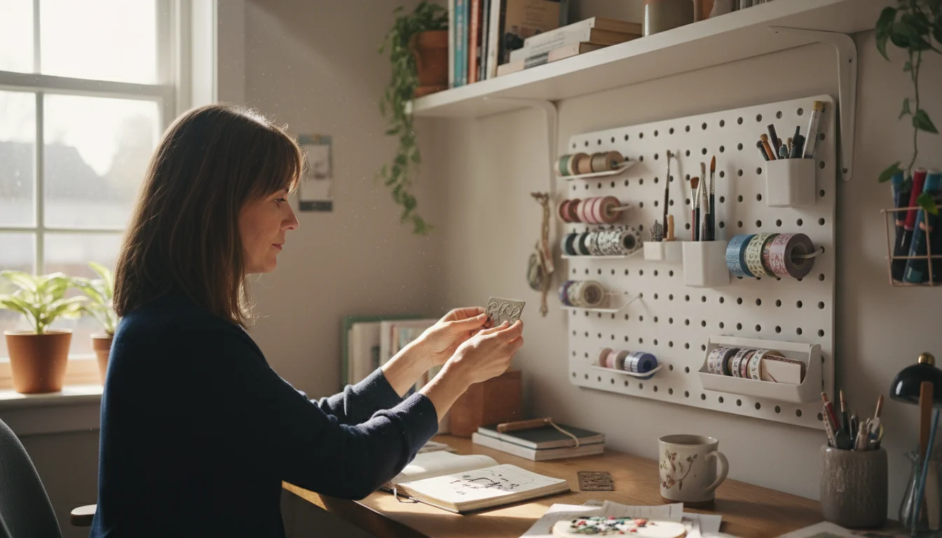 A woman carefully removes an item from a white pegboard wall organizer in a sunlit home office, demonstrating maintenance.