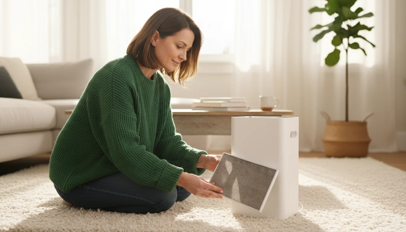 Woman removing a dusty pre-filter from a white portable air purifier on a rug in a sunlit living room.
