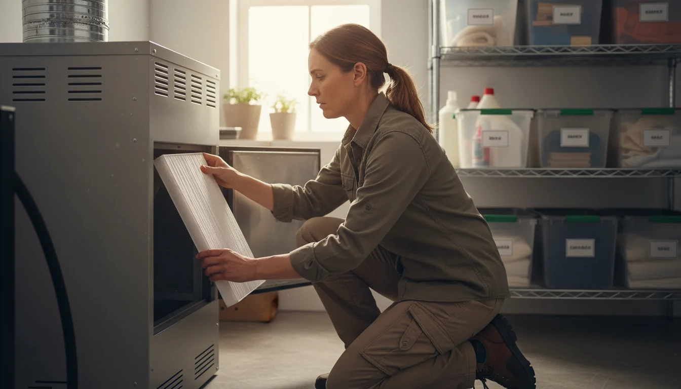 Woman replacing a furnace air filter in a tidy utility space, a fresh filter entering the slot.