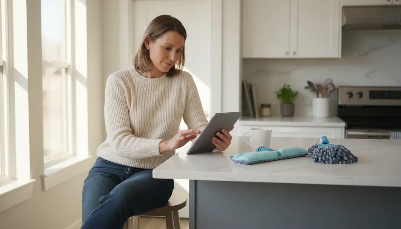 Woman researching on a tablet, with a plush microfiber flat mop head and a textured scrub mop head neatly arranged on a clean kitchen counter.