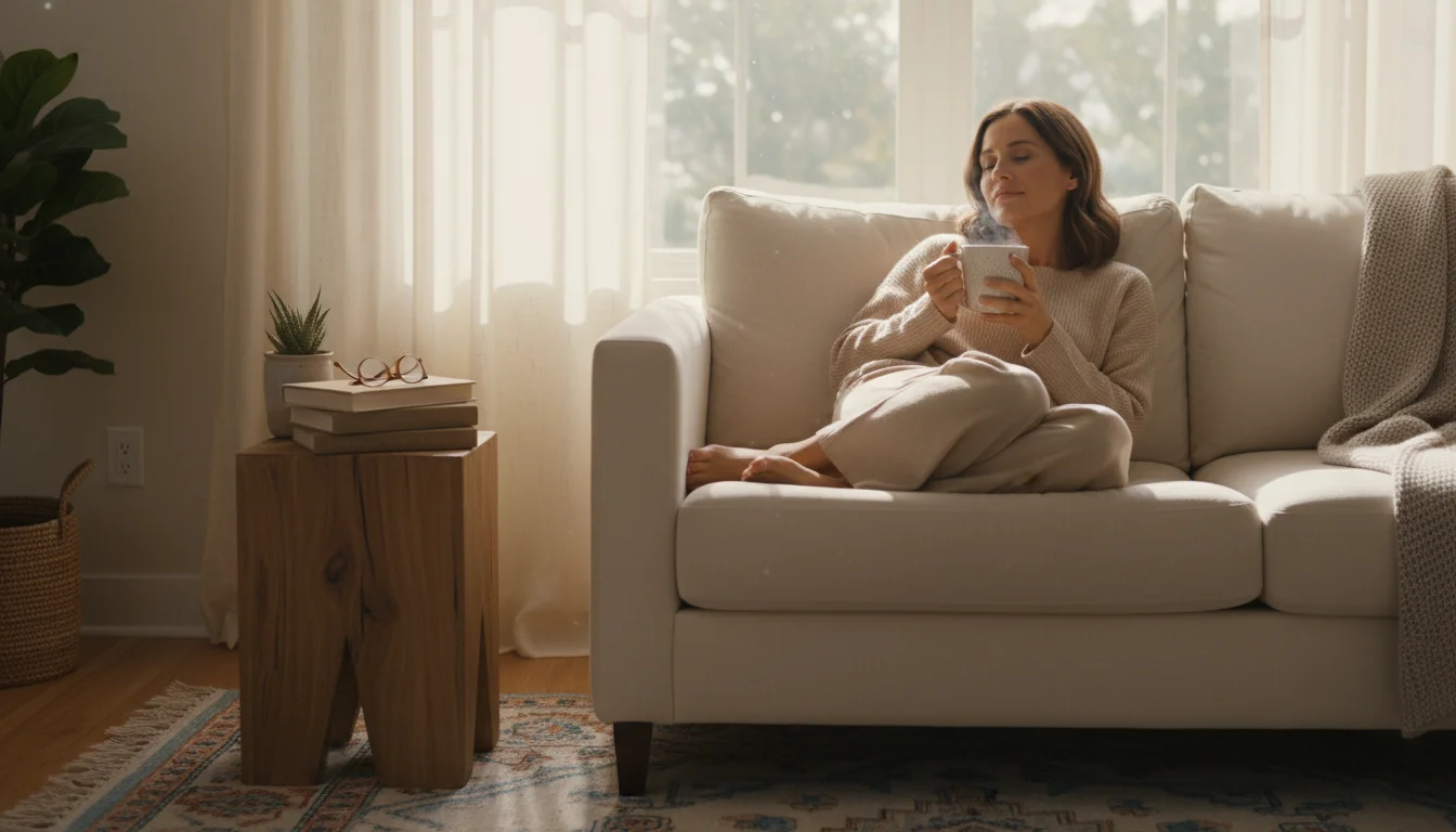 Woman resting on a cream sofa with a mug, cleaning supplies visible on a side table in a warm, sunlit living room.