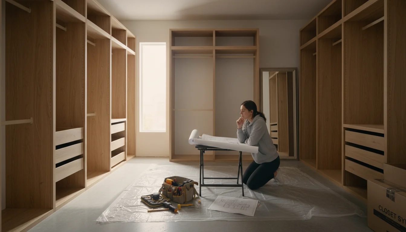 Woman reviewing custom closet blueprint amidst a partially installed wooden closet system.