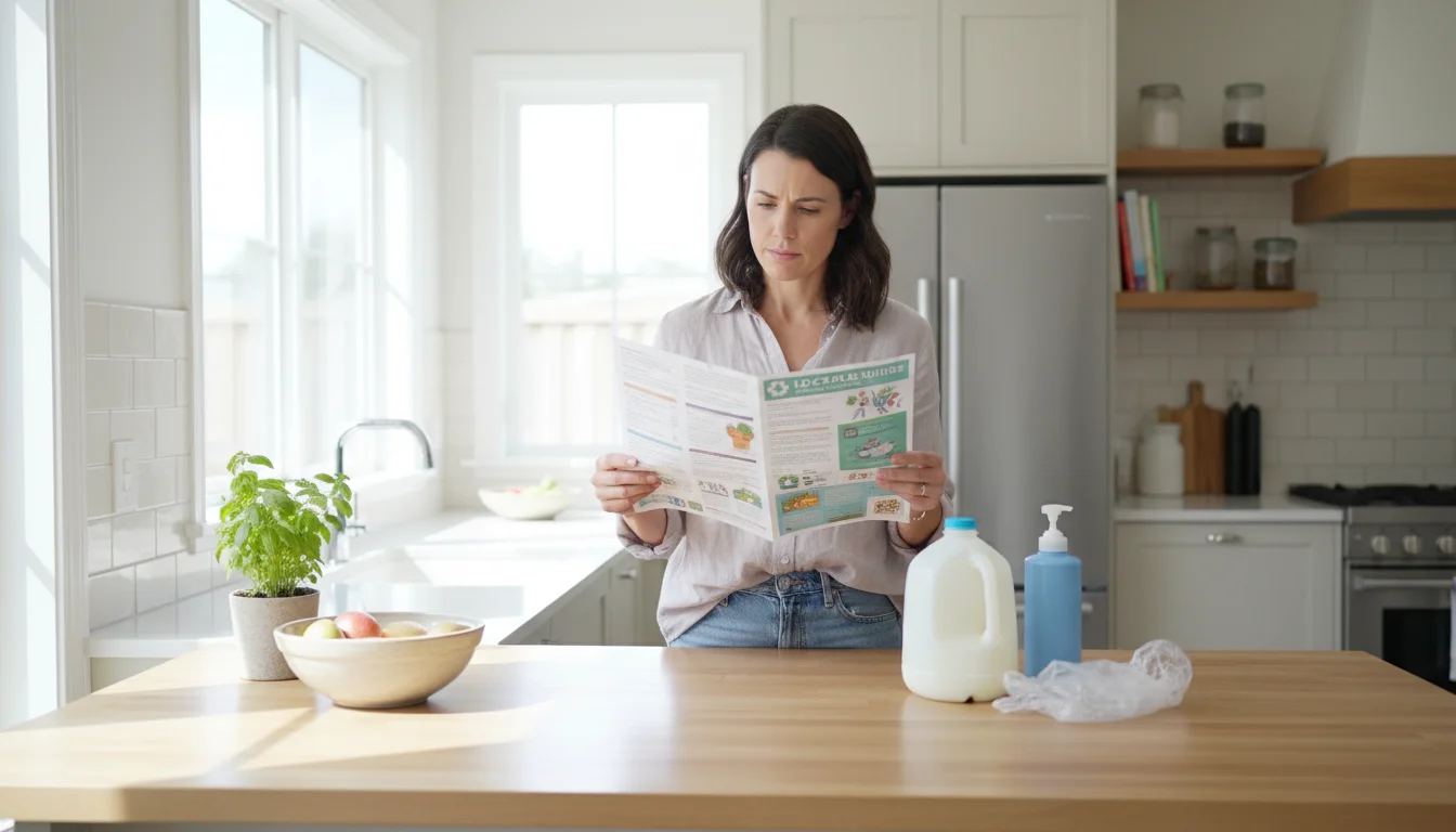 A woman reviews a local recycling guide on a kitchen island next to clean plastic items for sorting.