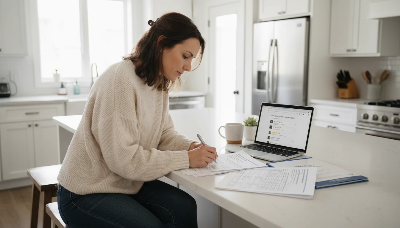 A woman reviews solar panel installation quotes and warranty documents at her bright kitchen island.