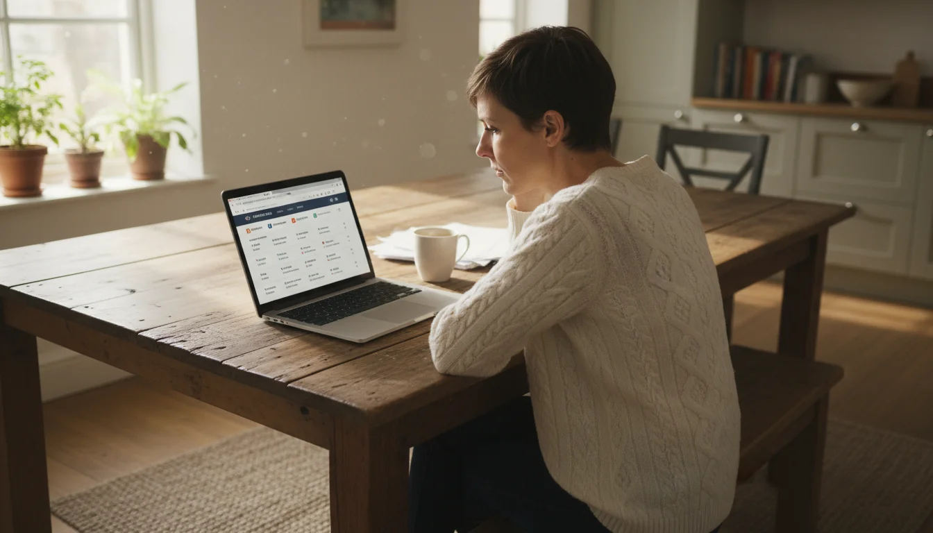 A woman reviews solar panel quotes on a laptop at her kitchen island, with brochures and a coffee mug nearby.