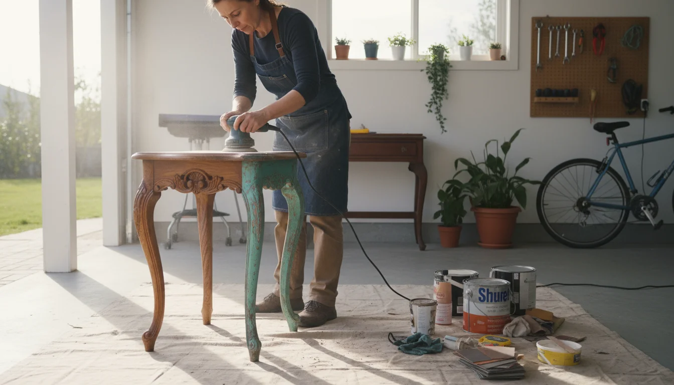 Woman sanding a vintage wooden side table, revealing fresh wood beneath old paint. Refinishing tools are nearby.