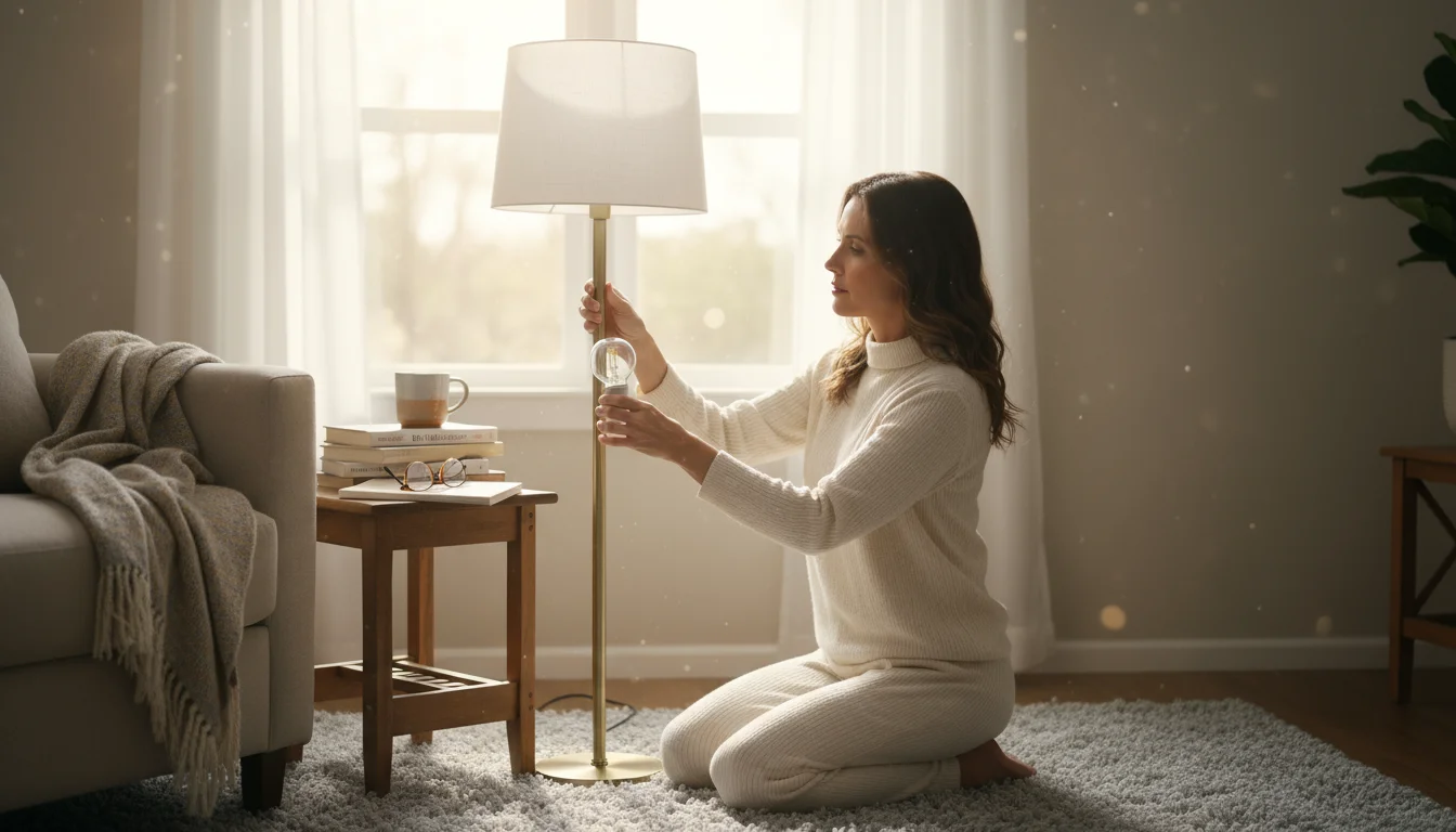 Woman gently screwing an LED bulb into a floor lamp in a cozy reading nook. Near her, LED and CFL bulb packages rest on a wooden side table.