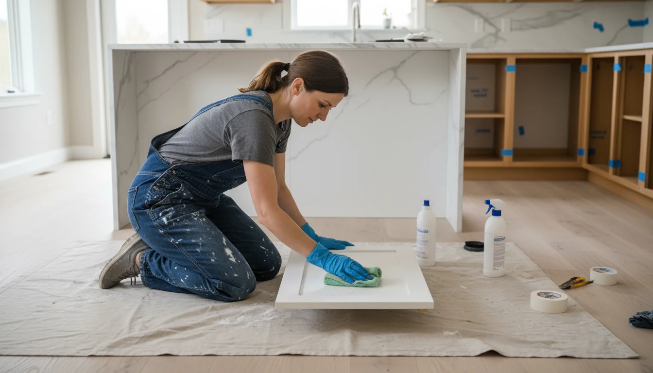 Woman scrubbing a removed kitchen cabinet door laid on a drop cloth on an island, with empty upper cabinet frames visible in the background.