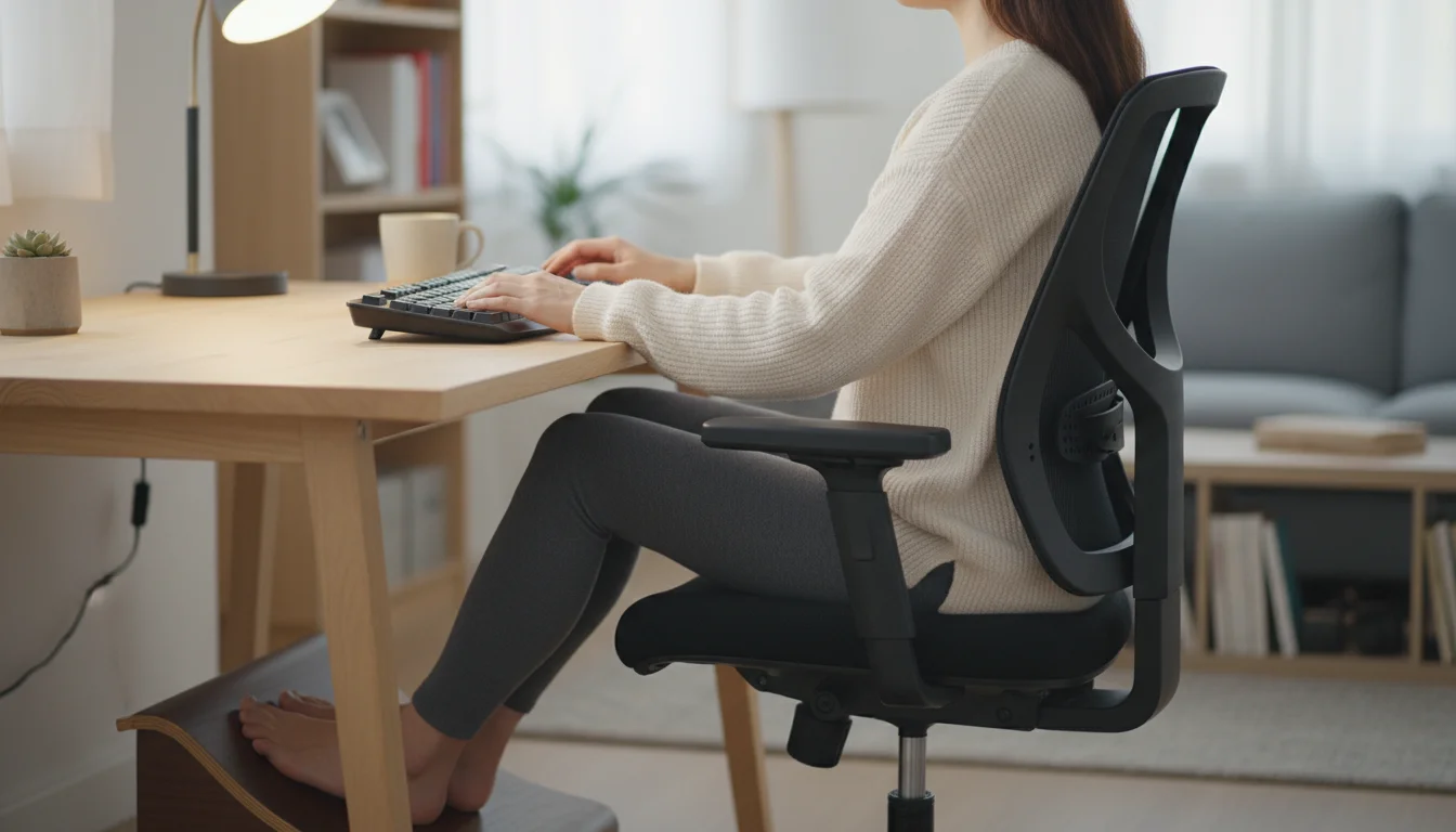 Woman seated comfortably in an ergonomic office chair at a wooden desk, feet flat, back supported by the chair's lumbar curve.