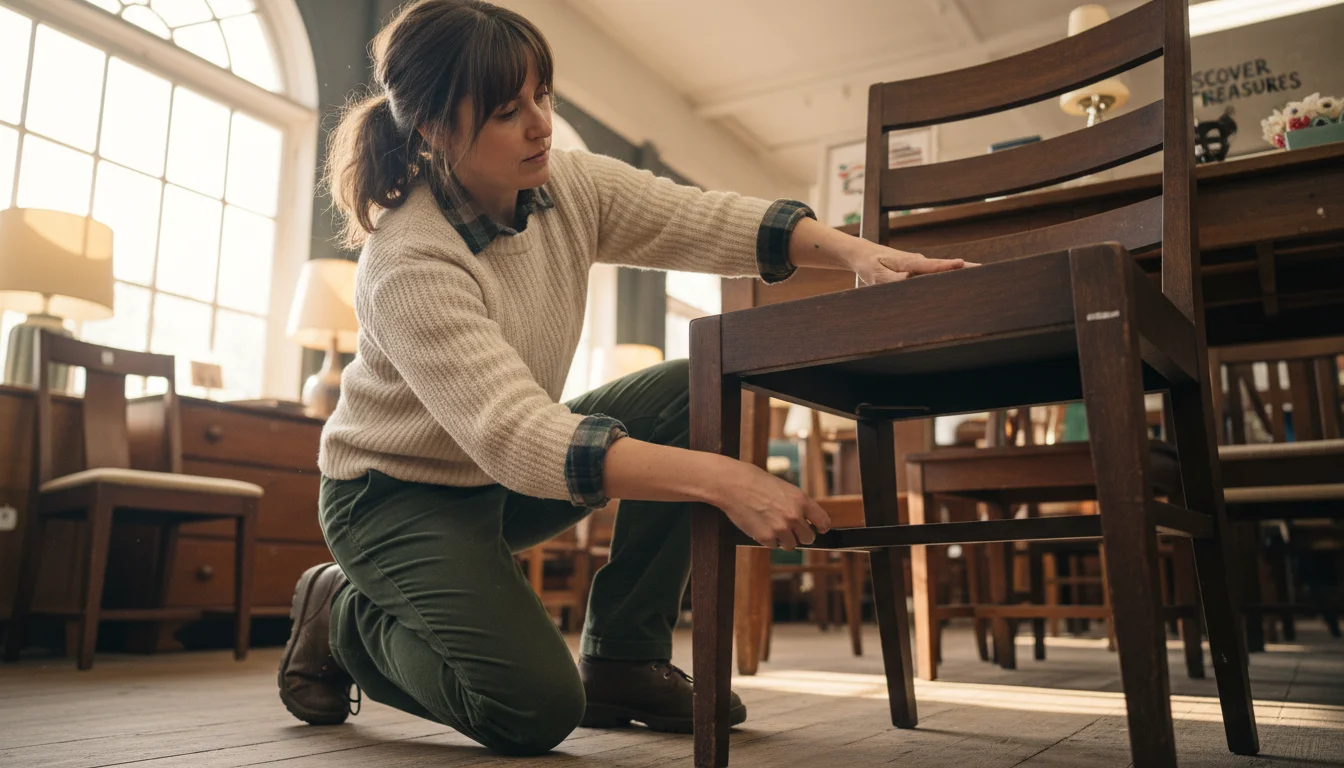 A woman in a secondhand store kneels, firmly gripping a dark wooden dining chair leg to test its stability and check for loose joints.