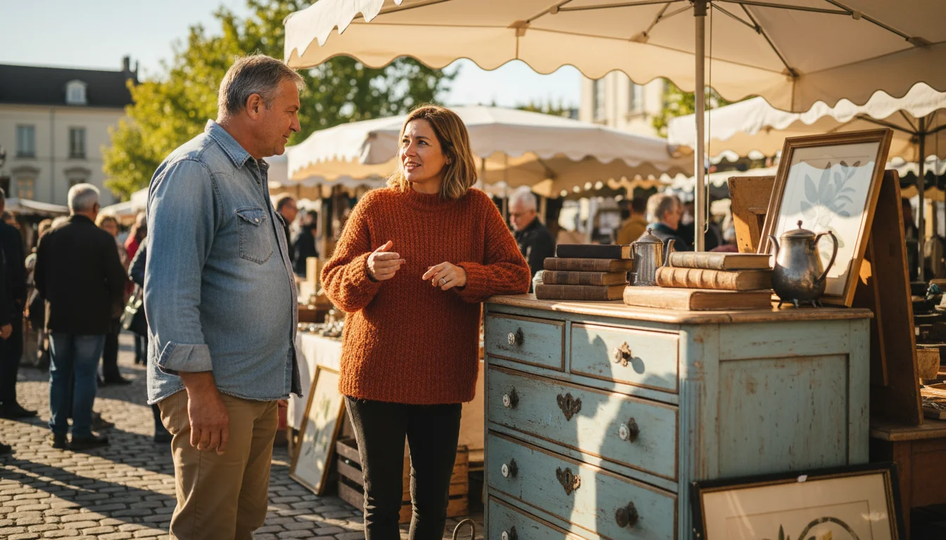 A woman and a seller engage in friendly negotiation over a distressed wooden dresser at a sunlit outdoor flea market.