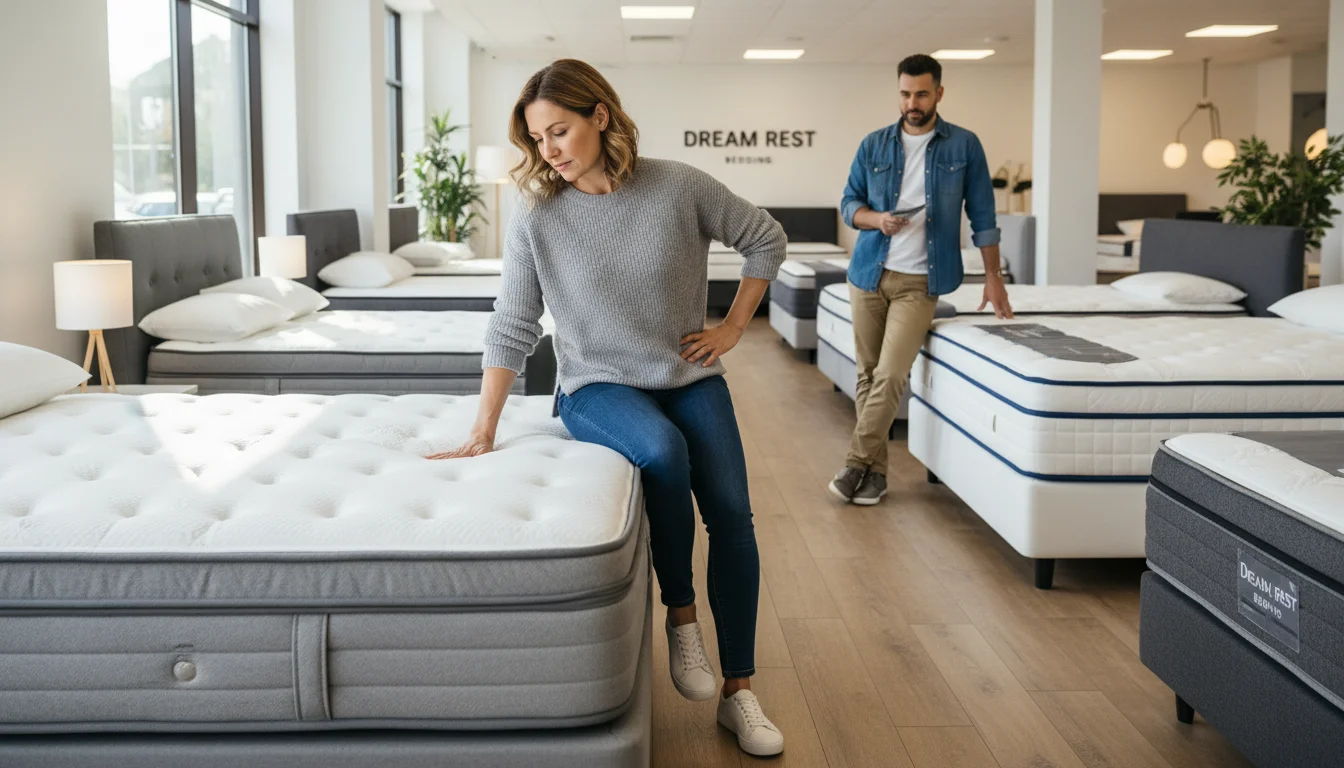 A woman in a showroom sits on a light gray mattress, testing its firmness, while a man stands nearby.