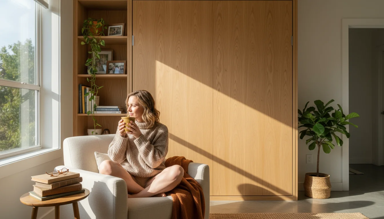 A woman sips coffee in a cozy small apartment living room. A wooden unit, concealing a Murphy bed, makes the space feel open and functional.
