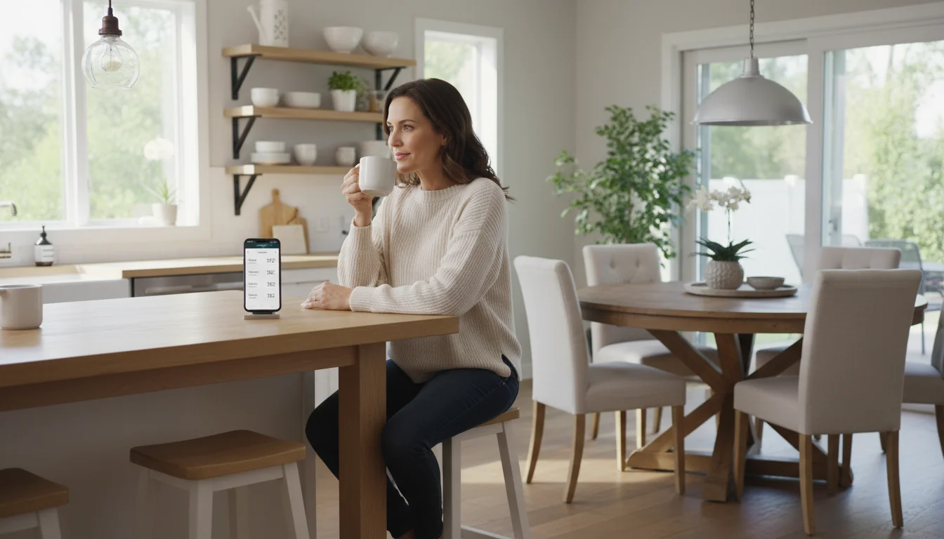 Woman sips coffee at a kitchen island, viewing the Honeywell Home app on her phone displaying multi-room temperatures. A discreet room sensor is visib