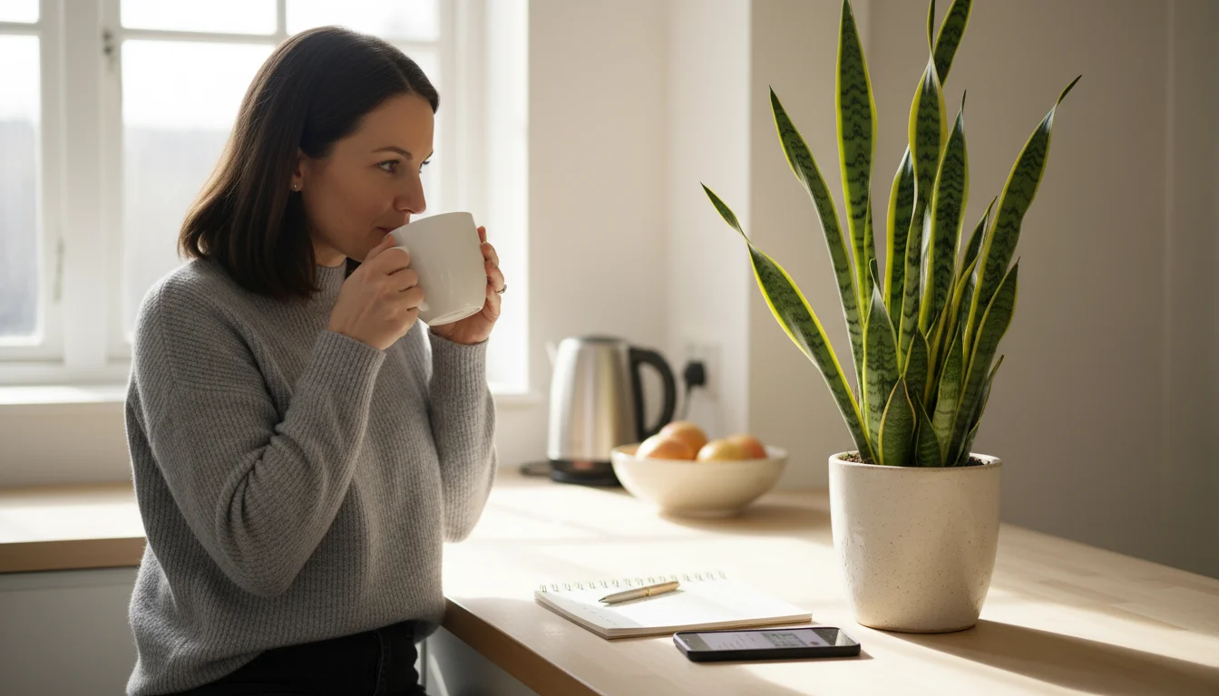 Woman sips coffee, thoughtfully looking at a Snake Plant and a notebook on a bright kitchen counter.