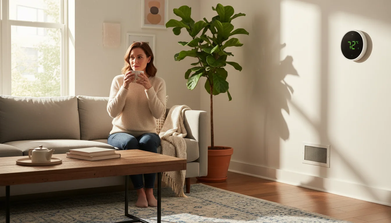 A woman sips tea in a cozy, sunlit living room with a smart thermostat showing 72°F, beside a thriving houseplant.