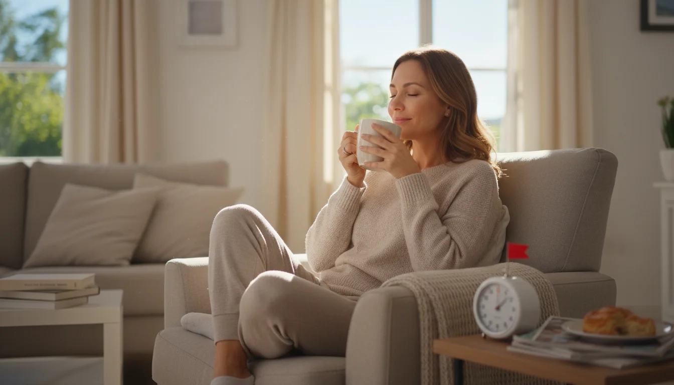 Woman sips tea, relaxing in an armchair by a sunlit window in a tidy living room, with a kitchen timer on a nearby table.
