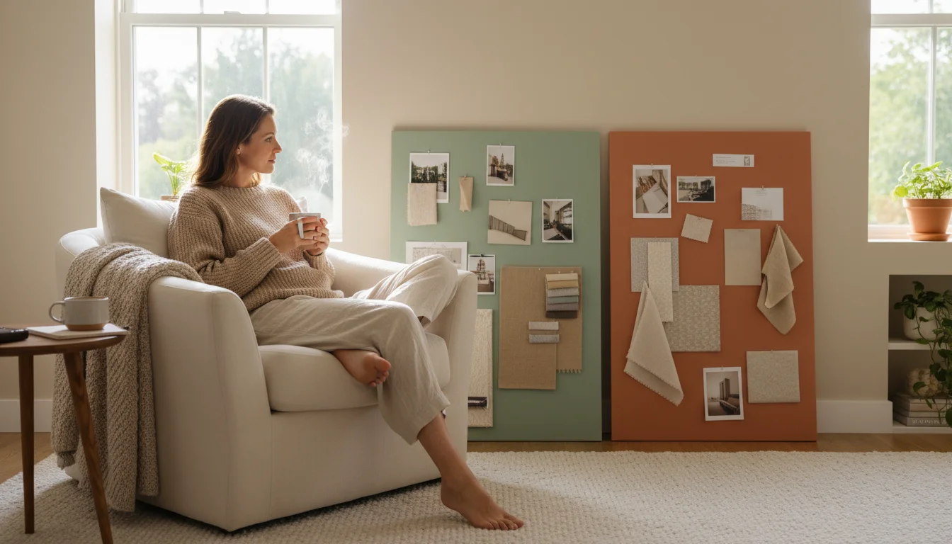 A woman sits in an armchair, thoughtfully observing two large painted foam boards leaning against a wall in a sunlit living room.