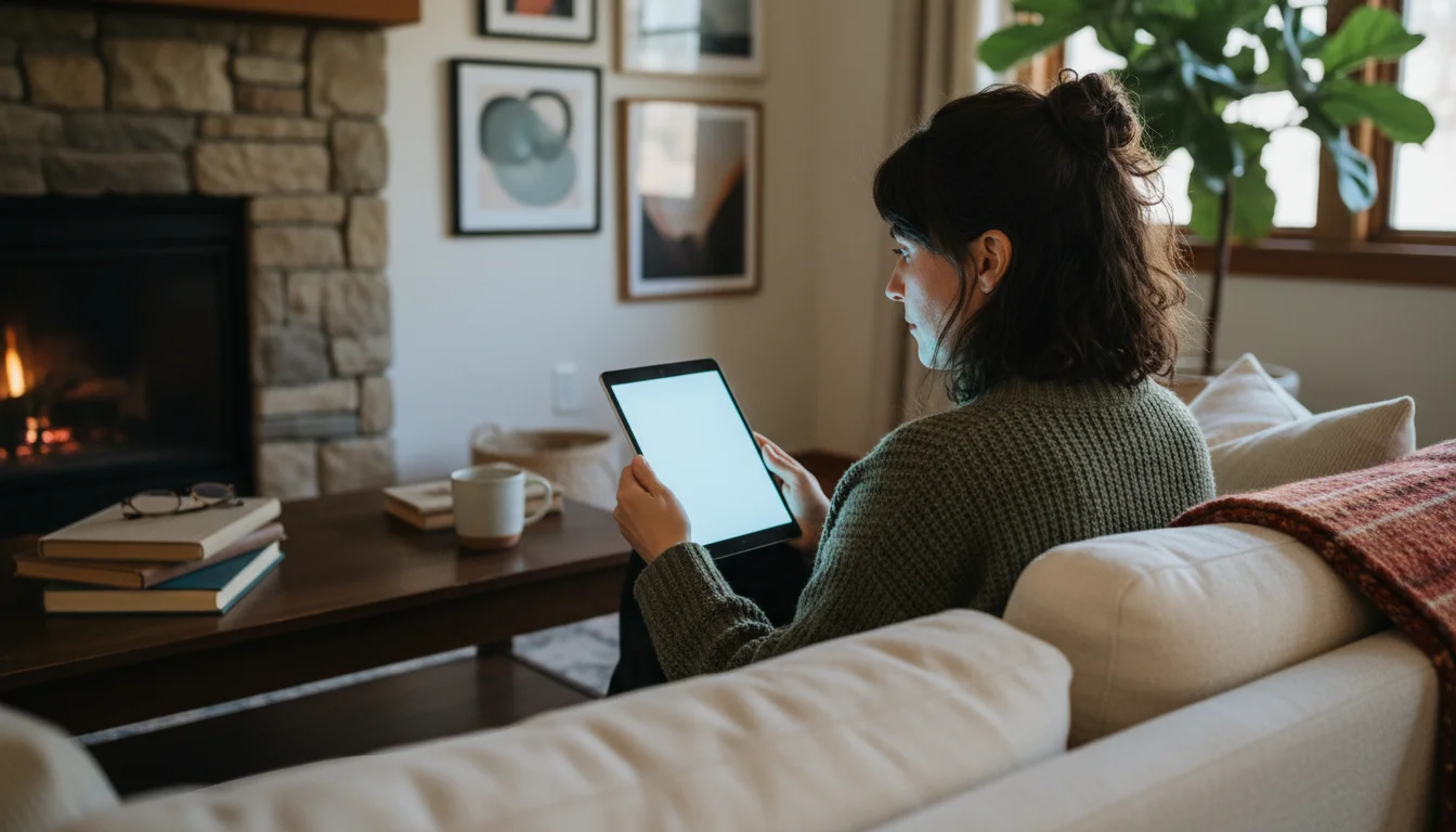 A woman sits on a cozy sofa, thoughtfully looking at her phone, with a tea mug and child's book on the coffee table in a warm living room.