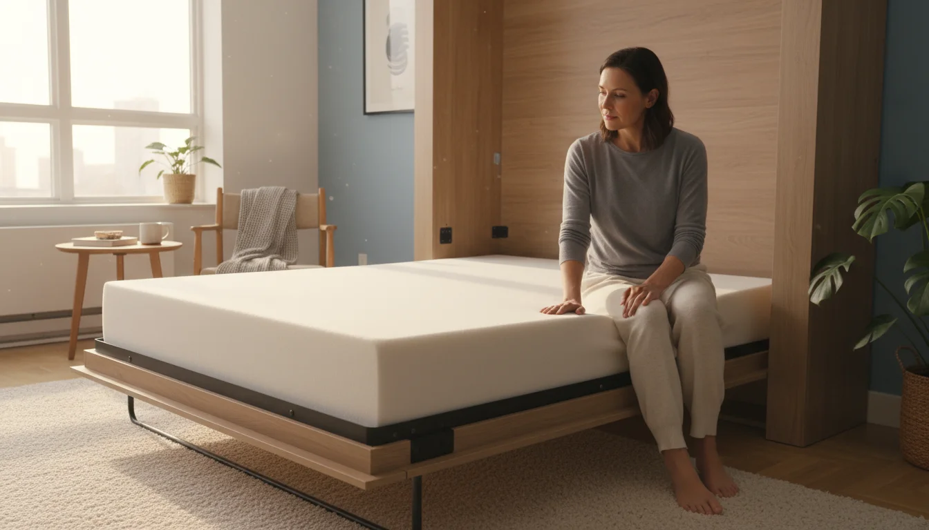 A woman sits on the edge of a foam mattress in an open, light-wood Murphy bed, gently testing its feel and fit.