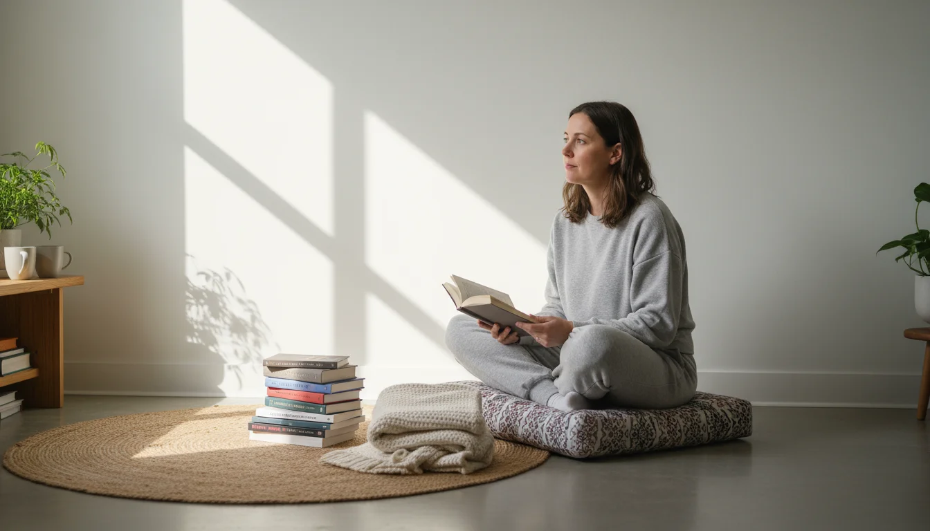 Woman sits on floor, holding a book, thoughtfully gazing at a blank wall next to a small pile of items for decluttering.