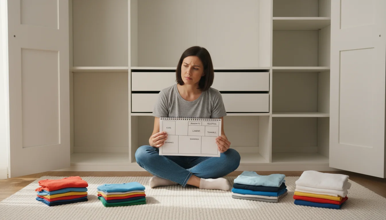 A woman sits on the floor, sketching a closet layout plan in a notebook, with an open, cleared closet behind her.