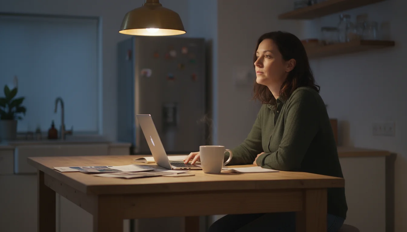 A woman sits at a kitchen island at night, looking past a laptop with a thoughtful expression, a cup of tea and notebook nearby.
