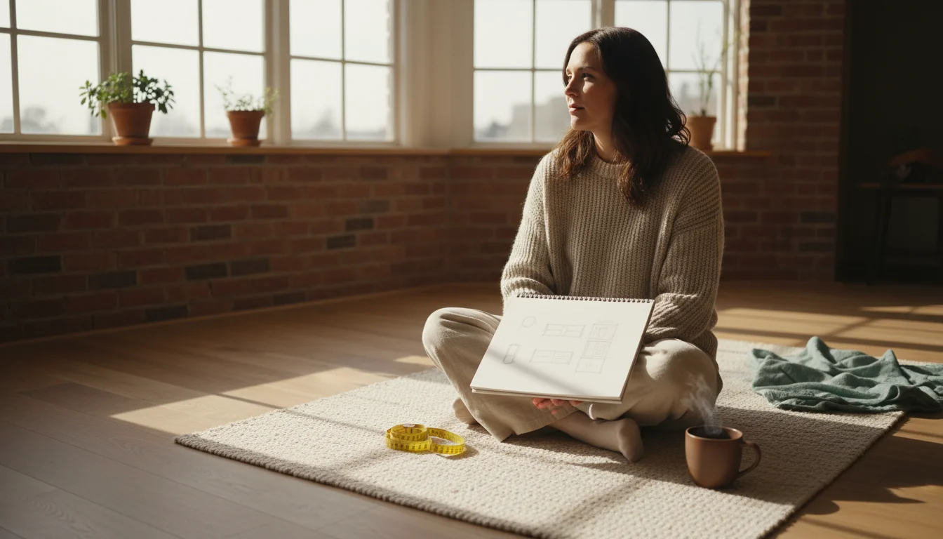 A woman sits on a rug, holding a notebook with a sketch, looking at a living room corner. A measuring tape and mug are next to her.