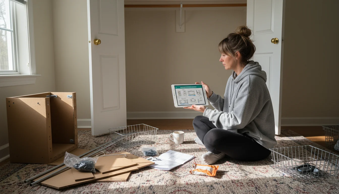 Woman sits on rug outside open closet, looking at a tablet with budget closet components around her.