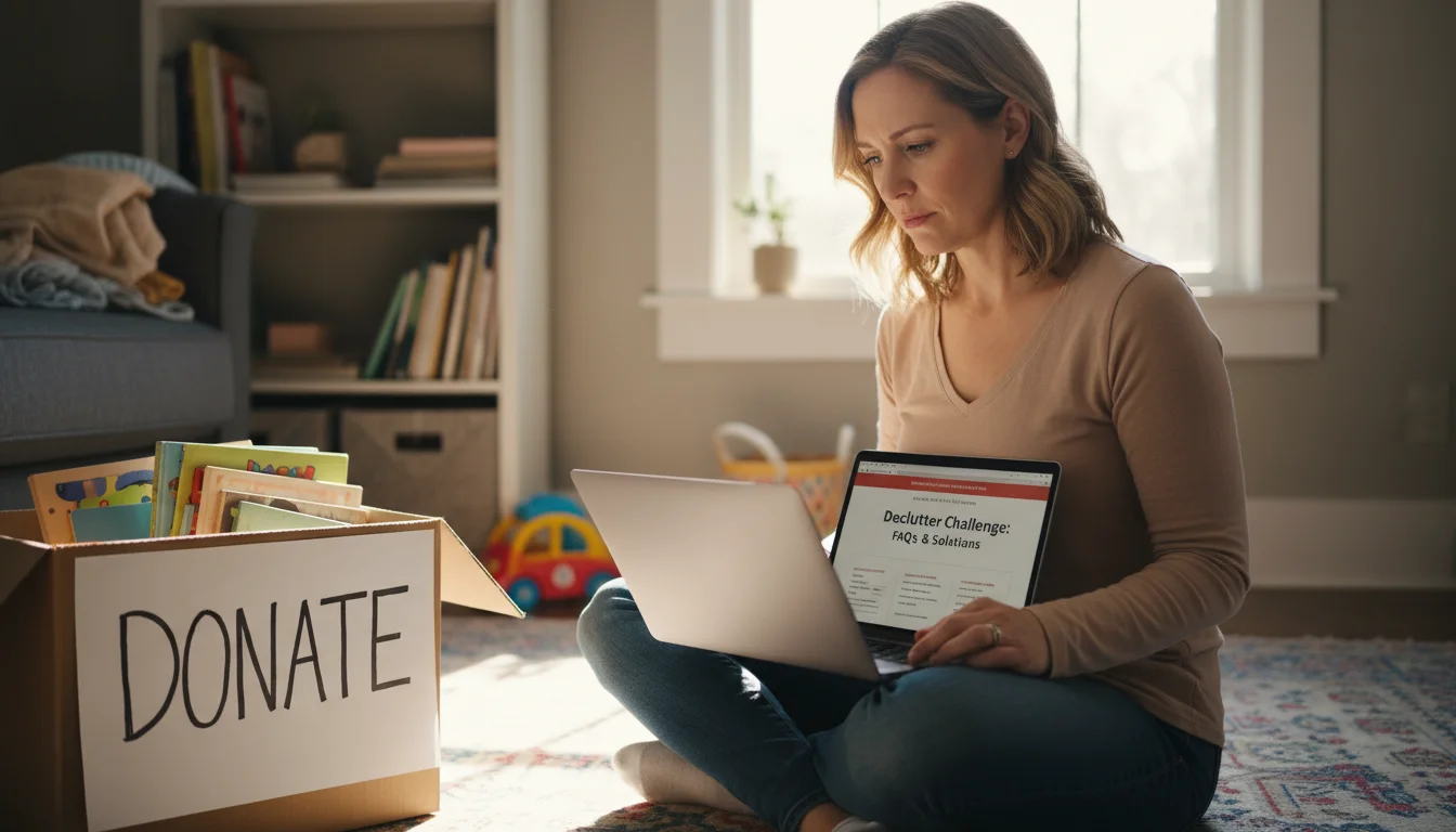Woman sits on a rug, reviewing a decluttering guide on her laptop. A 'donate' box with children's books is beside her.