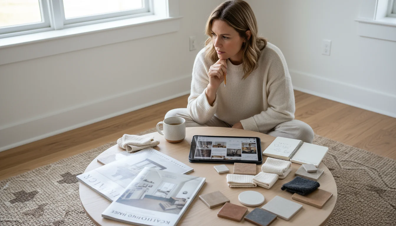 A woman sits on a rug, surrounded by open magazines, a tablet, and material samples on a coffee table, defining her cozy room style.