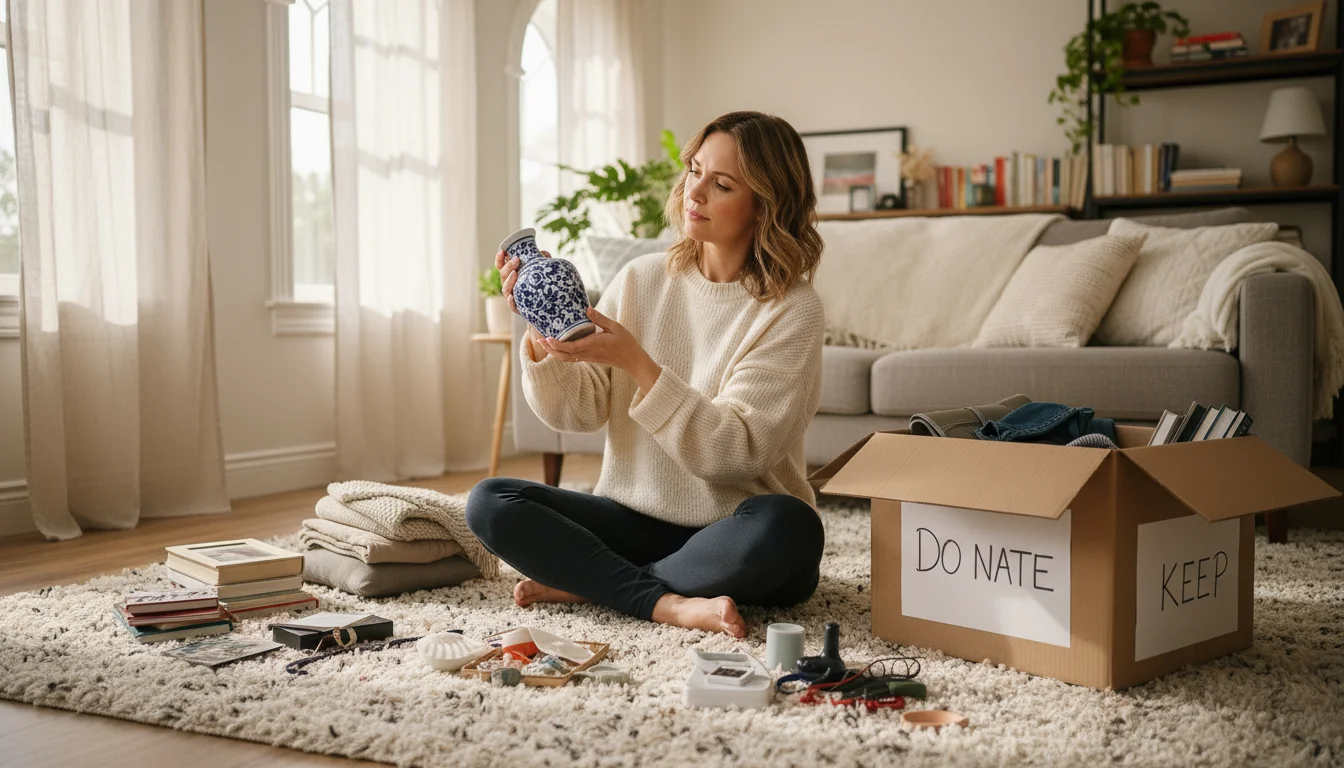 Woman sits on a rug, thoughtfully holding a decorative vase, next to a partially filled 'Donate' box.