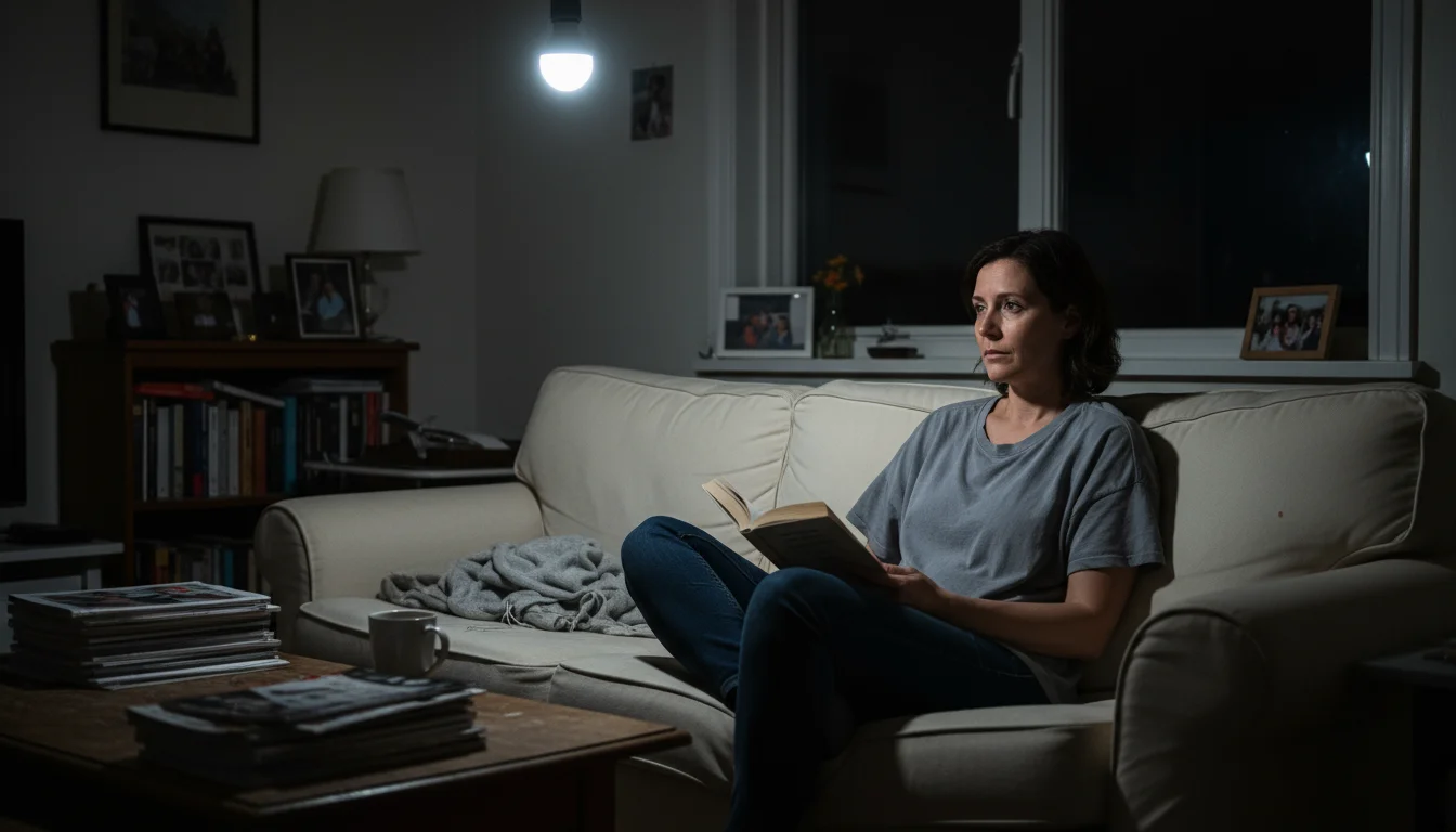 A woman sits on a sofa in a dimly lit living room at night, with a single harsh overhead light creating stark shadows.